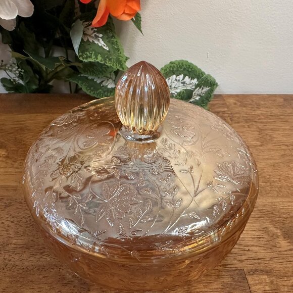 Jeannette Glass Floragold Louisa Iridescent Covered Candy Dish Depression Glass - Picture 2 of 6